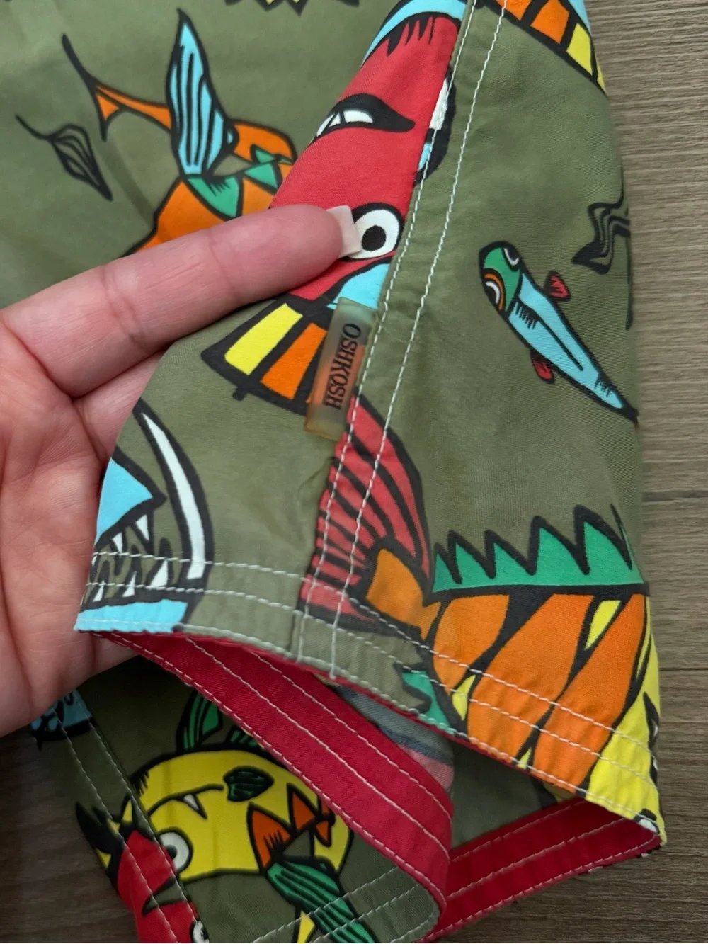 Vintage OshKosh Olive Green Multi-Colored Fish Swim Trunks Size 6